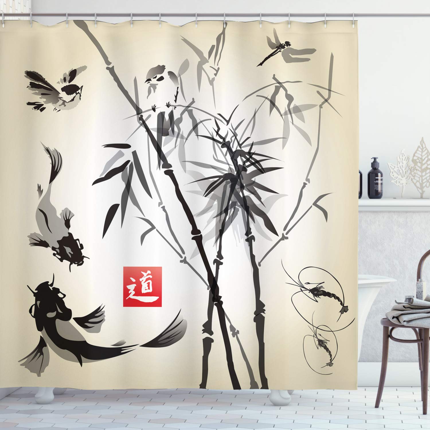 Japanese Shower Curtain Wooden Balcony View Print for Bathroom