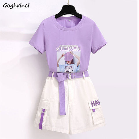 Women Sets Summer Chic Purple Print Harajuku Sweet Girls Outfits Lovely Short Sleeve Top Tees High Waistes Cargo Womens Shorts ► Photo 1/6