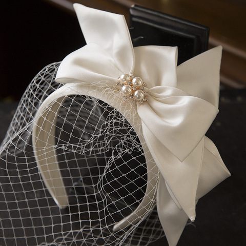 New White bridal hairband Mesh Satin Bow Headband Vintage Fairy Bridal Wedding hair Accessory ► Photo 1/5
