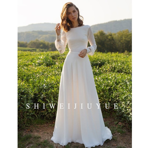 Elegant boho Long Sleeves Wedding Dress Simples A-Line Backless Plus Size Custom Made Women Chiffon Bridal Gowns robo de mariee ► Photo 1/1