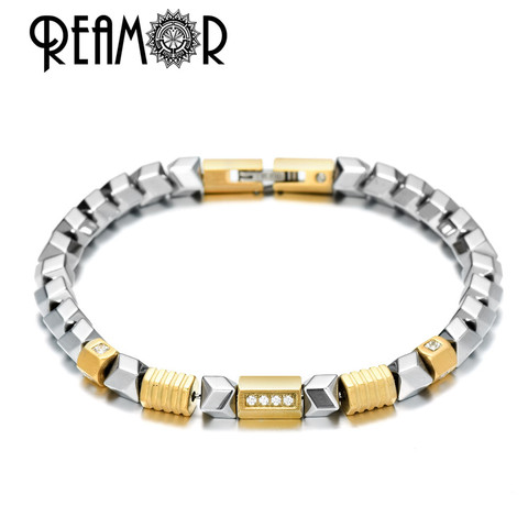 REAMOR Unique Silver Color Hematite Bracelet Freedom DIY Zircon Golden Beads Stainless Steel Link Bracelet Handmade Men Jewelry ► Photo 1/6