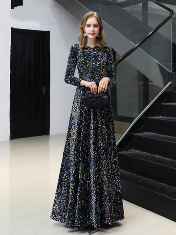 New Elegant Long Sleeves Prom Dresses Floor-Length Sequin Women Formal Gowns Plus Size For Evening Party ► Photo 1/5