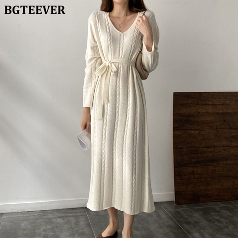 BGTEEVER Winter Loose Straight Knitted Dress Women V-neck Lace-up Female Full Sleeve Sweater Dress Casual Long Knitted Vestidos ► Photo 1/6