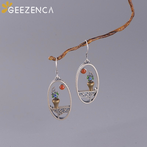 925 Sterling Silver Handmade Enameling Flower Vase Drop Earrings Unique Ethnic Vintage Earring  2022 Newest Fine Jewelry ► Photo 1/6