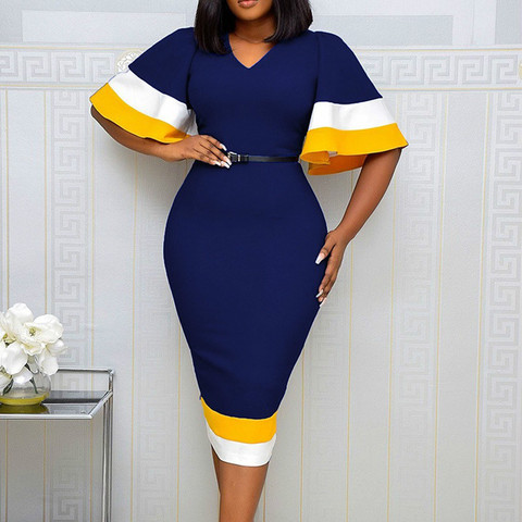 Women Bodycon Dress Patchwork Color Flare Short Sleeves V Neck Elegant Office Ladies Work Wear Female Modest Classy African Lady ► Photo 1/6