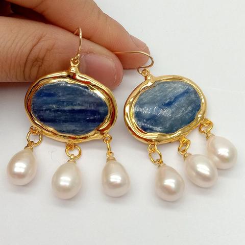 YYGEM vintage style Natural oval Blue Kyanite White Rice freshwater Pearl Dangle Hook Earrings gold filled For Women Girls Gifts ► Photo 1/6