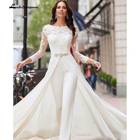 Cheap White Jumpsuits Pants Long Sleeve Wedding Dresses Lace Satin With Overskirts Beads Crystals Plus Size Bridal Gowns Vestido ► Photo 1/3