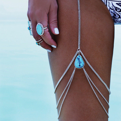 Summer Beach Blue Stone Drop Shaped Tassel Leg Chain Thigh Body Chain for Women Vintage Metal Thigh Chain Waist Jewelry Gift ► Photo 1/6