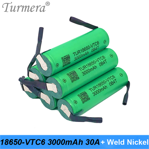 Turmera 18650 VTC6 3000mAh Battery 30A Soldering Nickel for 12V 16.8V 18V 25V Electric Drill Screwdriver Battery and E-bike  Use ► Photo 1/6