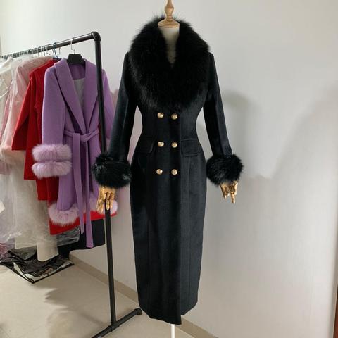 Winter fashion women woolen coat high imitation big fox fur collar black cashmere coat female double breasted slim outwear ► Photo 1/6