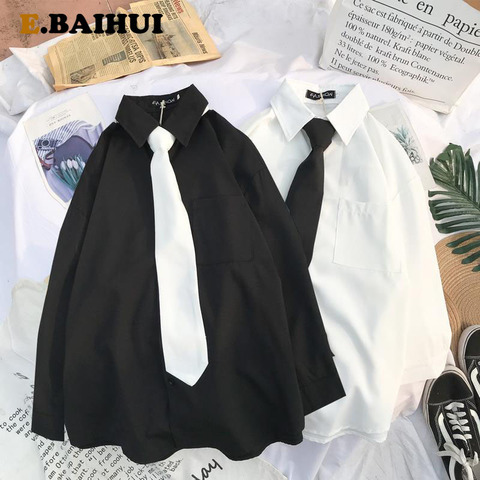 EBAIHUI 2022 Autumn Long Sleeve Loose Student Blouse Shirt Women White Black Turn Down Collar Casual Oversized Shirt Vintage Top ► Photo 1/6