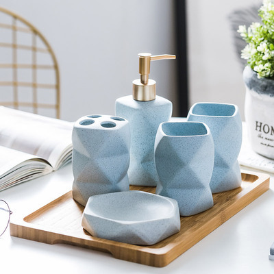 Simple Blue Ceramic Wash Bathroom Set Bamboo Wood Tray Nordic Bathroom Accessories Kit Wedding Set Toothbrush holder Dispenser ► Photo 1/6