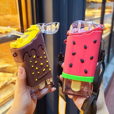 New Summer Cute Donut Ice Cream Water Bottle With Straw Creative Square Watermelon Cup Portable Leakproof Tritan Bottle BPA Free ► Photo 1/6