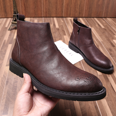 Yomior Autumn Winter New Vintage Cow Leather Fashion Men Shoes Pointed Toe Dress Ankle Boots Breathable Brogue Boots Handmade ► Photo 1/6