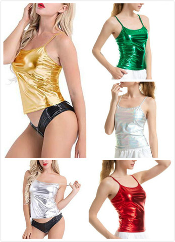 Women's Shiny Metallic Camisole Wet Look Short Vest Spaghetti Straps Tank Top Party Club Dancewear Basic Solid Strappy Cami ► Photo 1/6