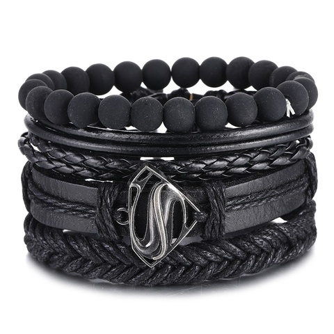 IFMIA Vintage Black Bead Bracelets For Men Fashion Hollow Triangle Leather Bracelet & Bangles Multilayer Wide Wrap Jewelry 2022 ► Photo 1/6