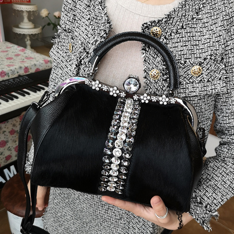 Luxury Fashion Cowhide Leather Women Handbag Ladies Diamond horse hair Evening Bag Shoulder Messenger Saddle Bags Female New ► Photo 1/1