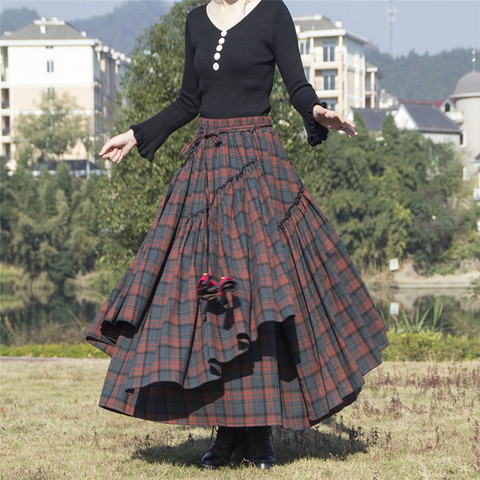 Women's Skirt 2022 Spring New Plaid Long Skirts Maxi Elastic Waist A-line Women Cloth Plus Size Retro Elegant Skirts 1501 ► Photo 1/6