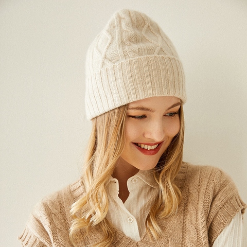 100% Goat Cashmere Knitted Headgears Women 2022 Hot Sale Soft and Warm Thicker Hats for Girls Winter Autumn 3Colors Fashion Hat ► Photo 1/6