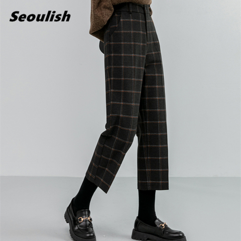 2022 New Autumn Winter Woolen Plaid Women Formal Straight Pants High Waist Ankle-Length Chic Loose Ladies Pants Pocket Plus Size ► Photo 1/6