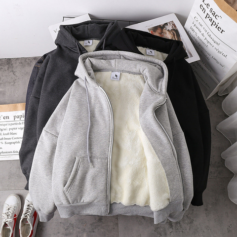 Jacket women solid color hoodies 2022 autumn winter imitation lamb wool korean loose plus velvet thick zipper sweatshirt tops ► Photo 1/6