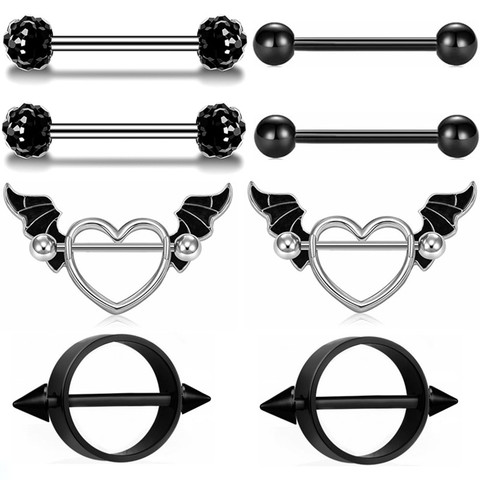 Stainless Steel Angel Wing Nipple Piercing Set 14G Heart Nipple Piercing Jewelry Bulk Charming Black Nipple Piercing Bar Body ► Photo 1/6