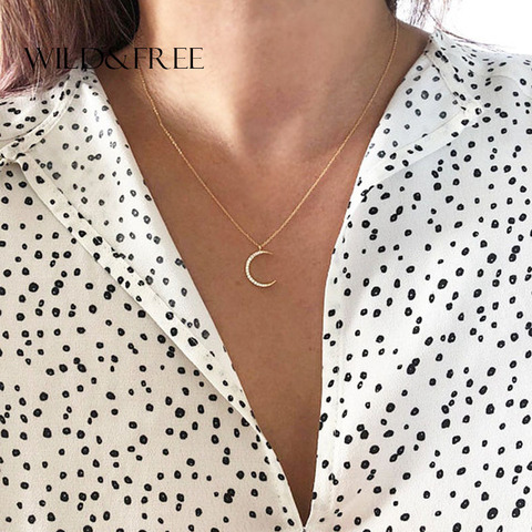 Wild&Free New Simple Crescent Moon Necklace Plain Half Moon Crystal Pendant Necklaces for Women Stainless Steel Fashion Jewelry ► Photo 1/6