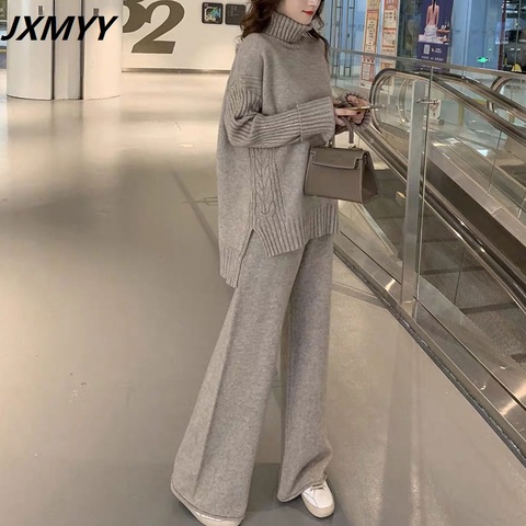 JXMYY sweater set women tracksuit spring autumn knitted suits 2 piece set warm turtleneck sweater pullovers wide legs pants ► Photo 1/6