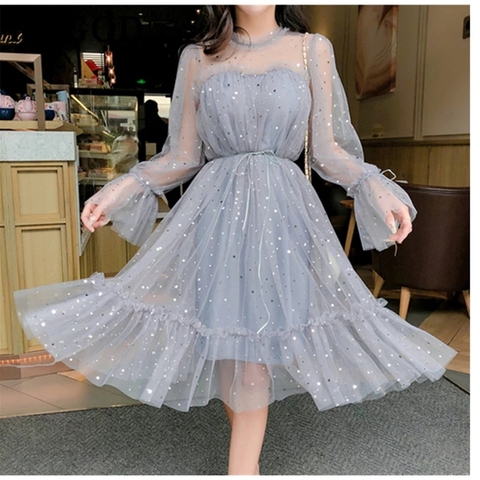 Spring Autumn New Female O-neck Stars Sequined Mesh Shiny Fairy Dress Women Elegant Bling Gauze Princess Puff Dresses ► Photo 1/6