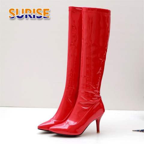 Winter Autumn Women Knee-high Boots 8cm Thin Spike High Heels Red Patent Leather Party Club Pointed Toe Zipper Riding Long Boots ► Photo 1/6