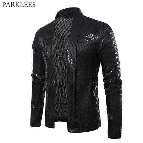 Black Sequins Street Cardigan Blazer Men Disco Dancer Club Party Blazer Jacket Male Casual Hip Hop Swag Clothes for Hipster Men ► Photo 1/6