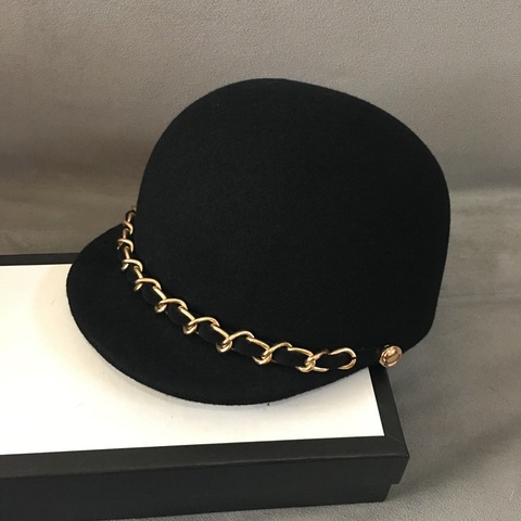 Classical Soft Warm Wool Cap Felt Women Winter Hat Fashion Gold Chain Trim Newsboy Style Visor Beret Hat Black Cabbie Hat adjust ► Photo 1/5