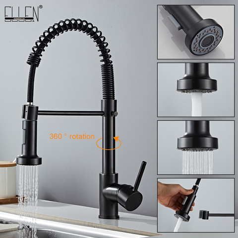 Deck Mounted Flexible Kitchen Faucets Pull Out Mixer Tap Black Hot Cold Kitchen Faucet Spring Style with Spray Mixers Taps E9009 ► Photo 1/6