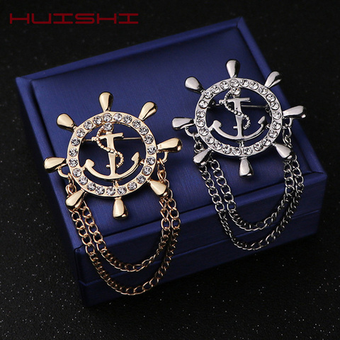 HUISHI Crystal Brooch Golden Ship's Anchor Rudder Brooches For Mens Suit Badge Lapel Pin For Men Women Chain Christmas Gift ► Photo 1/6