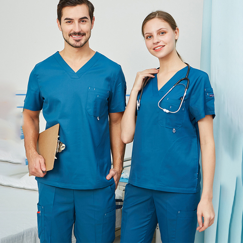 Scrub Set Uniform Nurse Workwear Nursing Top and Pant Women Men Solid Color Chlorine Bleach Resistance Heathered  Working Suit ► Photo 1/1