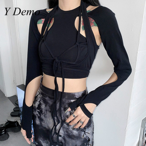 Y Demo Techwear Hollow Out T-shirt Women Patchwork O Neck Lace Up Holes Harajuku Tee 2022 Summer Casual Tops ► Photo 1/6