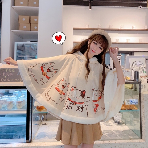 Japanese soft girl cute cat printed ears hooded loose plus velvet thick short paragraph cape female autumn and winter ► Photo 1/5