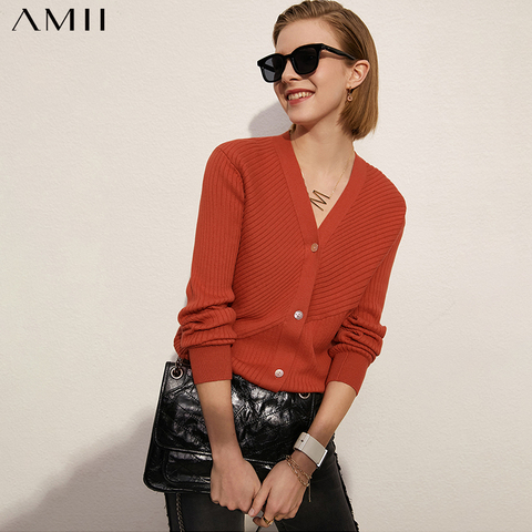 Amii Minimalism Spring Fashion Women's Coat Causal Solid Vneck Stripe Single Breasted Cardigans For Women Tops  12130073 ► Photo 1/5