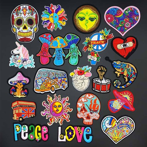 Mushroom love bus Skull Patches for Clothing Punk Patch Badges Iron On Stickers Embroidered Decorative DIY Jacket Jeans ► Photo 1/5