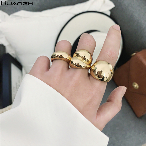 HUANZHI 2022 New Glossy Wide Version Gold Color Plated Exaggerated Metal Rings Open Adjustable Ring for Women Men Jewelry ► Photo 1/6