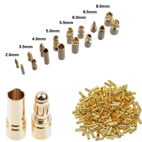 40pcs/lot 2.0mm 3.0mm 3.5mm 4.0mm 5.5mm 6.0mm 8.0MM Gold Bullet Banana Connector plug for ESC Lipo RC battery Plugs (20 pair) ► Photo 1/6