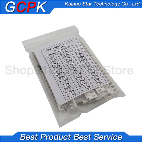 1206 SMD Capacitor assorted kit ,36values*20pcs=720pcs 1pF~10uF Samples Kit electronic diy kit Free shipping ► Photo 1/1