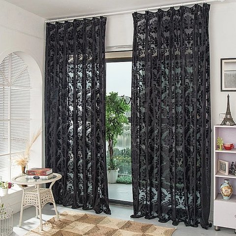 Luxury Velvet Yarn Black Curtain Sheer with Embroidery for Bedroom Livingroom Window Treatment Flocked Sheer Gauze Tulle Curtain ► Photo 1/6