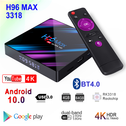Android 10 Smart TV Box H96 MAX 3318 4GB RAM 64GB ROM Rockchip RK3318 BT4.0 USB3.0 2.4G 5G Dual WIFI 3D 4K HDR Media Player ► Photo 1/6