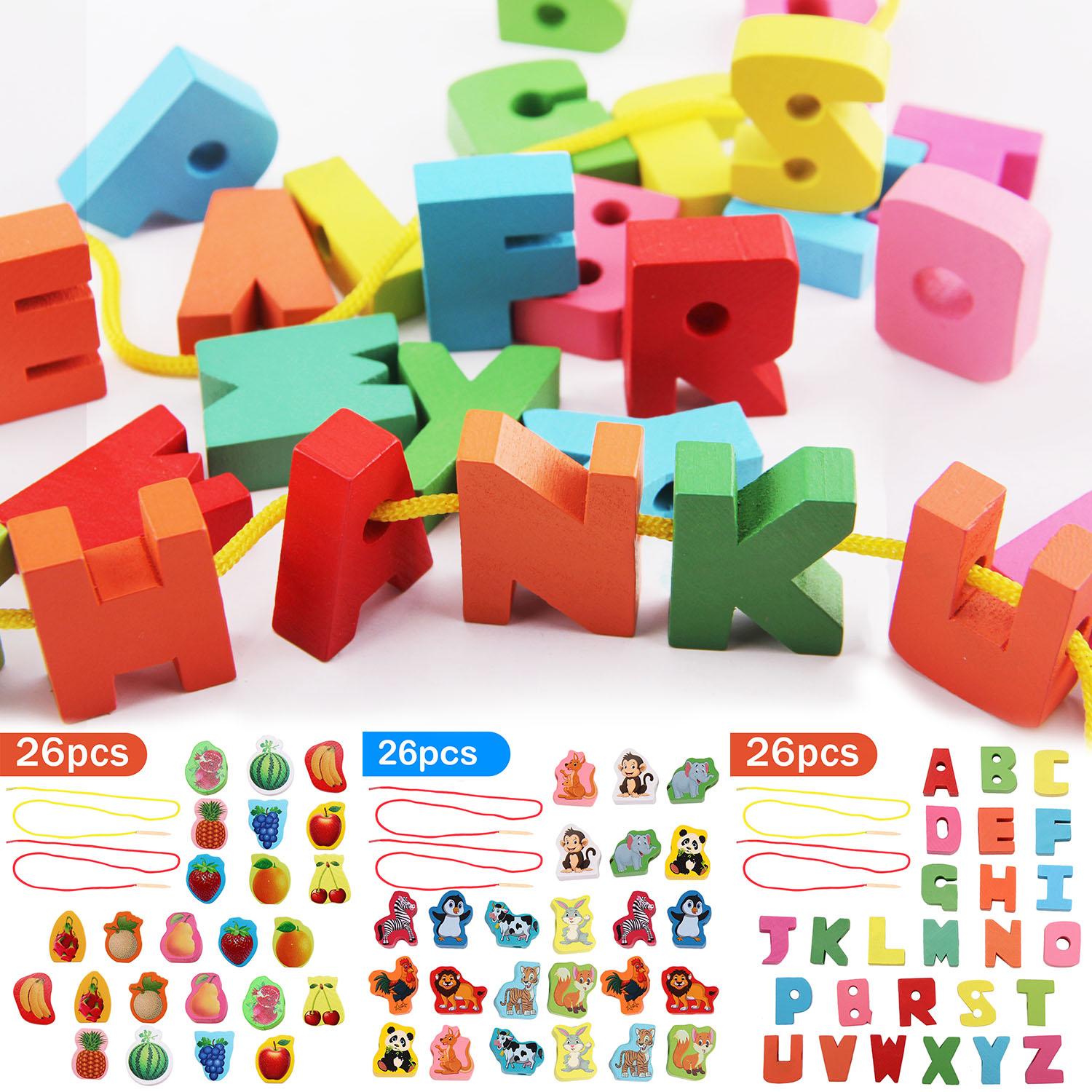 26Pcs Wooden Cartoon Animals Blocks Beads Threading Lacing Kids Development Toys 