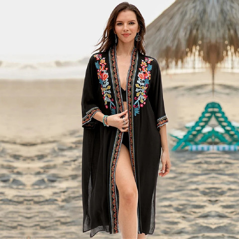 2022 Black Indie Folk Embroidered Plus Size Summer Beach Wear Kimono Cardigan Women Cotton Tops and Blouse Shirts Sarongs  N940 ► Photo 1/6