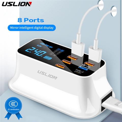 USLION 8 Port USB Charger HUB Quick Charge 3.0 LED Display Multi USB Charging Station Mobile Phone Desktop Wall Home EU Plug ► Photo 1/6