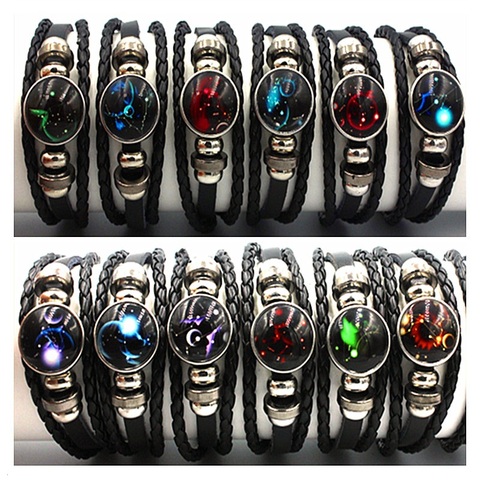 MixMax 12pcs/set 12 Constellations Luminous Handmade Leather Bracelets Snaps Bangles Jewelry Glow in the dark ► Photo 1/6