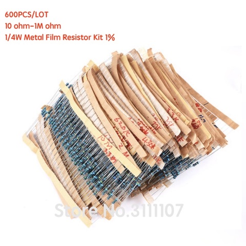 600PCS/LOT 10 ohm-1M ohm 1/4W  Metal Film Resistor Kit 1% Resistor Assorted Kit Set 10R-1MR Resistance Pack 30 Values each 20PCS ► Photo 1/2