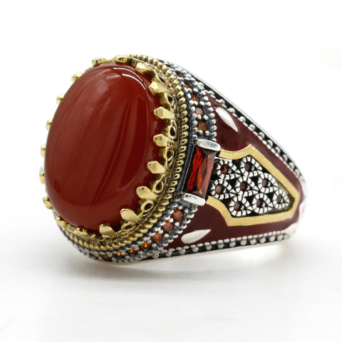 Turkey Jewelry Men Ring with Red Natural Agate Stone 925 Sterling Silver Vintage King Crown CZ Enamel Rings for Women Male Gift ► Photo 1/6